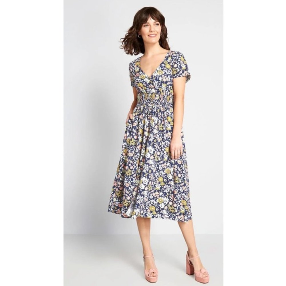 ModCloth Navy Floral Midi Dress with Yellow and White Flowers